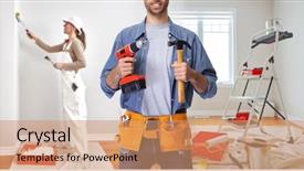  Presentation with drill - Audience pleasing theme consisting of construction worker with drill backdrop and a coral colored foreground