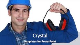  Presentation with ear - Amazing slide deck having construction worker with ear defenders backdrop and a ocean colored foreground
