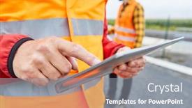  Presentation with road construction - Cool new PPT theme with construction-worker-with-hand backdrop and a gray colored foreground
