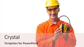  Presentation with safety construction worker in construction - Colorful PPT theme enhanced with construction worker with noise cancelling backdrop and a lemonade colored foreground