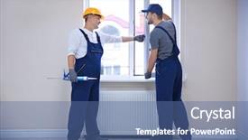  Presentation with house window - Audience pleasing PPT theme consisting of construction worker with trainee installing backdrop and a ocean colored foreground