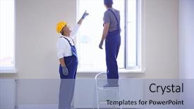  Presentation with house window - PPT theme featuring construction worker with trainee installing background and a light blue colored foreground
