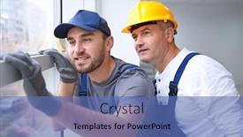  Presentation with house window - Slide deck enhanced with construction worker with trainee installing window in house background and a ocean colored foreground