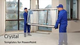  Presentation with glass construction - Colorful PPT theme enhanced with construction workers carrying window glass backdrop and a light gray colored foreground