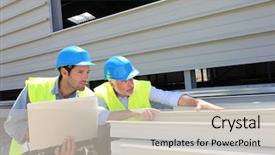  Presentation with building construction - Audience pleasing presentation theme consisting of construction workers checking building material backdrop and a soft green colored foreground