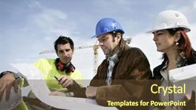 Presentation with construction - Beautiful presentation design featuring construction workers discussing plans backdrop and a tawny brown colored foreground