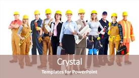  Presentation with worker - Colorful theme enhanced with construction workers group isolated backdrop and a coral colored foreground