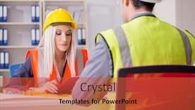  Presentation with discussion - Presentation design featuring construction workers having discussion in office before starting background and a red colored foreground