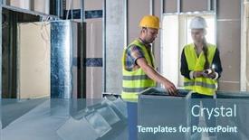  Presentation with parts - Audience pleasing PPT layouts consisting of construction-workers-inspecting-parts backdrop and a ocean colored foreground