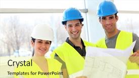  Presentation with safety work - Slide deck enhanced with construction workers looking at building background and a yellow colored foreground