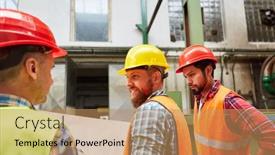  Presentation with factory workers - Amazing presentation theme having construction-workers-or-craftsmen-team backdrop and a coral colored foreground