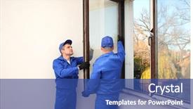  Presentation with house window - Audience pleasing slides consisting of construction workers repairing window backdrop and a ocean colored foreground