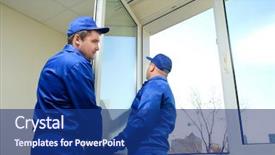  Presentation with house window - Theme featuring construction workers repairing window background and a navy blue colored foreground