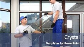  Presentation with glass construction - PPT theme with construction workers repairing window background and a ocean colored foreground