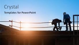  Presentation with building construction - PPT theme consisting of construction-workers-silhouette-on-roof background and a light blue colored foreground