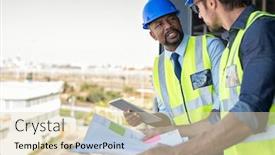  Presentation with factory workers - Slide deck having construction-workers-talking-about-new background and a soft green colored foreground