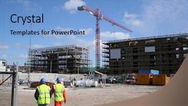  Presentation with angry construction workers - Presentation design consisting of construction workers walking near building background and a light blue colored foreground