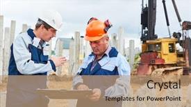  Presentation with driver - PPT theme featuring construction workers with project in front of pile driver machine background and a coral colored foreground