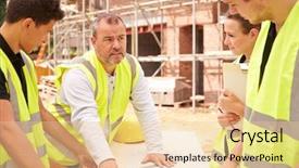  Presentation with construction work - PPT theme consisting of construction works - builder on building site discussing background and a lemonade colored foreground