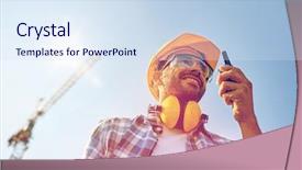  Presentation with walkie talkie - PPT layouts having constructor - industry building technology and people background and a sky blue colored foreground