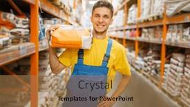  Presentation with cement - PPT theme featuring constructor holds bag of cement background and a coral colored foreground