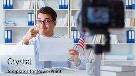  Presentation with blank - Colorful PPT layouts enhanced with commerce stream - businessman doing webcast with blank backdrop and a light blue colored foreground