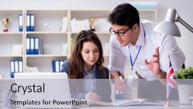  Presentation with language training - Cool new PPT theme with student at language training backdrop and a light gray colored foreground