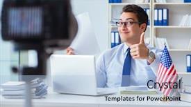  Presentation with green - Beautiful slides featuring videoblogger explaining green card visa backdrop and a light blue colored foreground