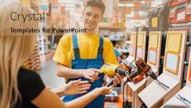  Presentation with hardware - Presentation having consultant and female consumer in hardware store background and a coral colored foreground