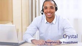  Presentation with call center - Cool new PPT layouts with consultant with headset in office backdrop and a sky blue colored foreground