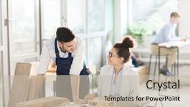  Presentation with consulting engineers - Presentation enhanced with consulting about new wood materials background and a soft green colored foreground