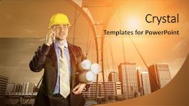  Presentation with engineering - Colorful slides enhanced with consulting engineering - architect in protective helmet speaking backdrop and a yellow colored foreground