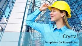  Presentation with medical protective wears - Cool new presentation with consulting engineering - young architect-woman wearing a protective backdrop and a  colored foreground