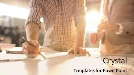  Presentation with industrial engineer - Colorful slide set enhanced with consulting engineering - young engineer pointing at sketch backdrop and a lemonade colored foreground