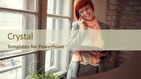  Presentation with business partner - Colorful theme enhanced with consulting firms - business female works and talks backdrop and a  colored foreground