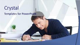  Presentation with design teal color - Presentation design featuring consulting firms - graphic designer sitting with color background and a sky blue colored foreground