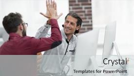  Presentation with employees - PPT layouts enhanced with consulting firms - happy employees giving each other background and a light gray colored foreground