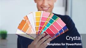  Presentation with design teal color - PPT theme having consulting firms - happy graphic designer holding color background and a navy blue colored foreground