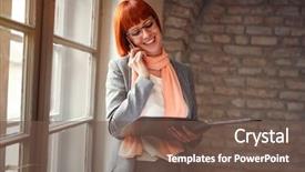  Presentation with cell - Cool new slides with consulting firms - redhead woman talking on cell backdrop and a  colored foreground