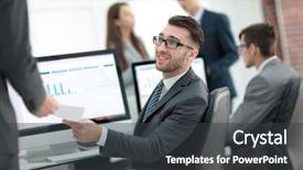  Presentation with business process - Colorful slides enhanced with consulting process - businessman working on a computer backdrop and a dark gray colored foreground