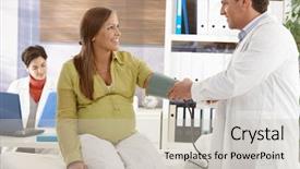  Presentation with blood pressure - Slide deck featuring consulting room doctor checking blood background and a soft green colored foreground