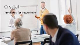  Presentation with business team join hands white - Audience pleasing theme consisting of consulting team gives lecture presentation at business seminar backdrop and a light gray colored foreground