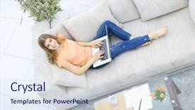  Presentation with sad lonely student sitting - Presentation featuring consumer education - girl student working with laptop background and a sky blue colored foreground