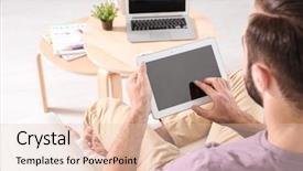  Presentation with search button searching information online - Theme featuring consumer education - young man searching information using background and a lemonade colored foreground