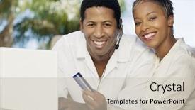  Presentation with consumer electronics - Presentation theme featuring consumer electronics - couple making online purchase background and a soft green colored foreground