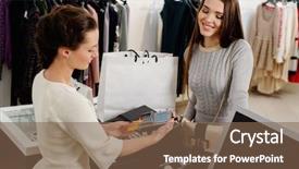  Presentation with credit card - Colorful PPT theme enhanced with consumer electronics - happy woman customer paying backdrop and a violet colored foreground