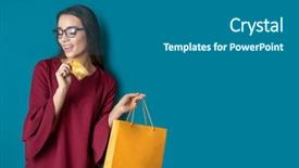  Presentation with credit card - Cool new slide set with consumer finance - beautiful young woman with shopping backdrop and a gray colored foreground