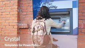  Presentation with credit card - PPT theme with consumer finance - woman with backpack withdrawing money background and a coral colored foreground