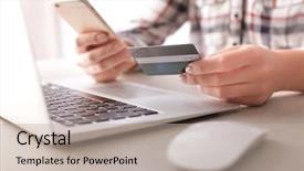  Presentation with credit card - Presentation theme having consumer finance - woman with credit card laptop background and a mint green colored foreground