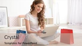  Presentation with money online shopping - Audience pleasing PPT theme consisting of consumer finance - young woman shopping online backdrop and a mint green colored foreground